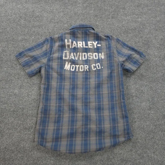 Harley Davidson Shirt Mens Medium Blue Plaid Graphic Motorcycle Biker Mechanic - Picture 1 of 10